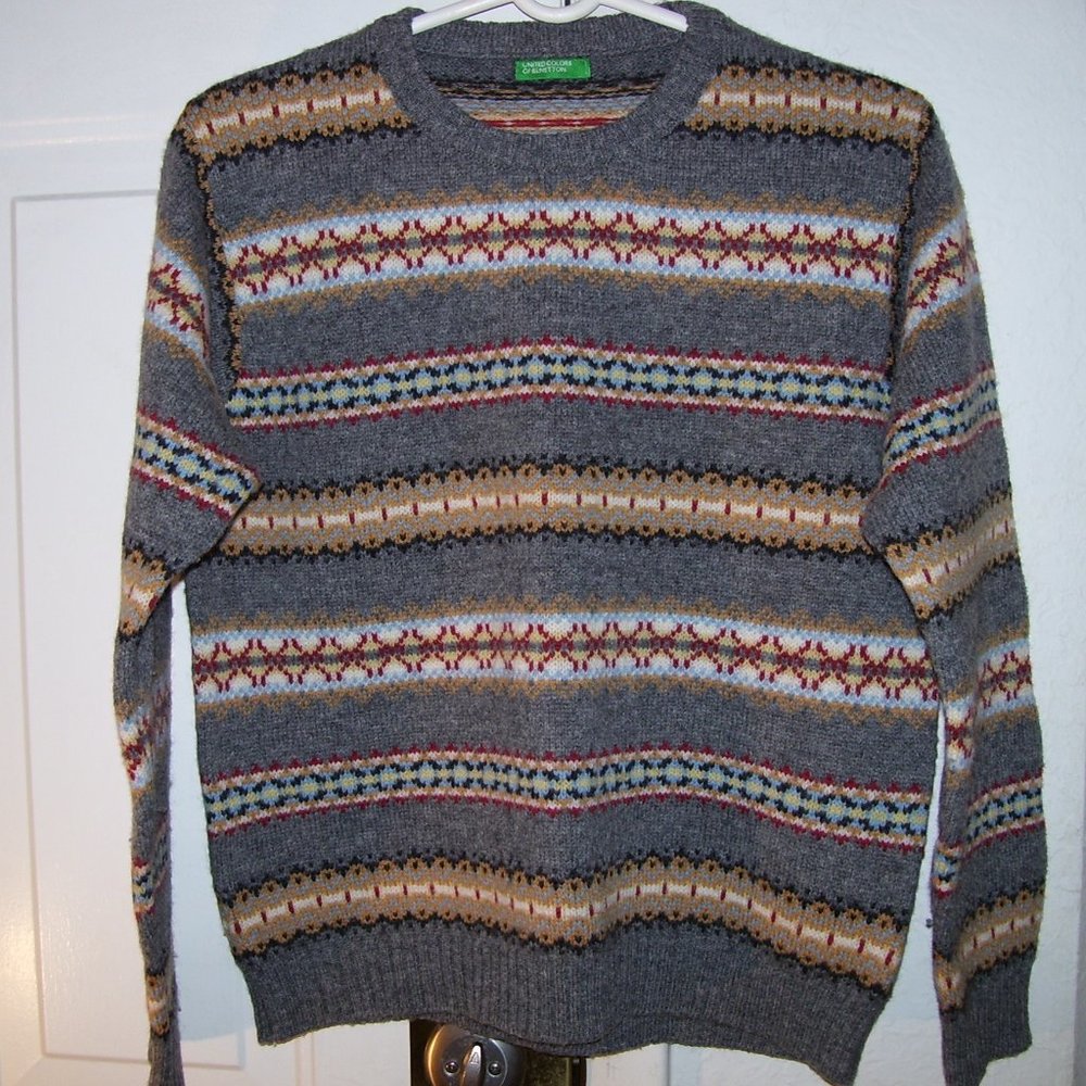 United Colors of Benetton Red/Grey Multi Color 100% Lana Wool Sweater Sz  Medium